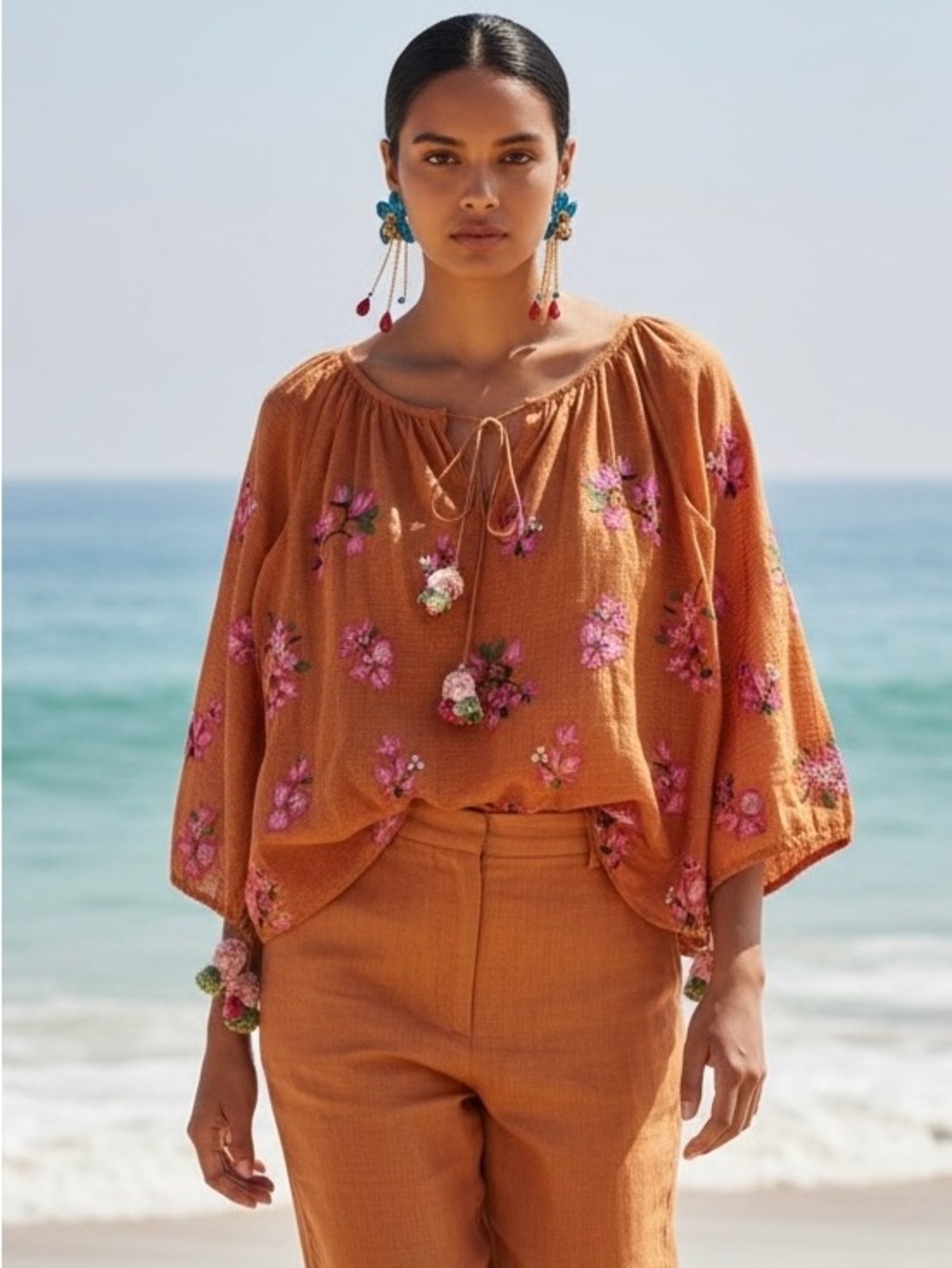 La Fuori Size S Silk Cotton Blend Embroidered Boho Blouse Tassels & Gold Thread